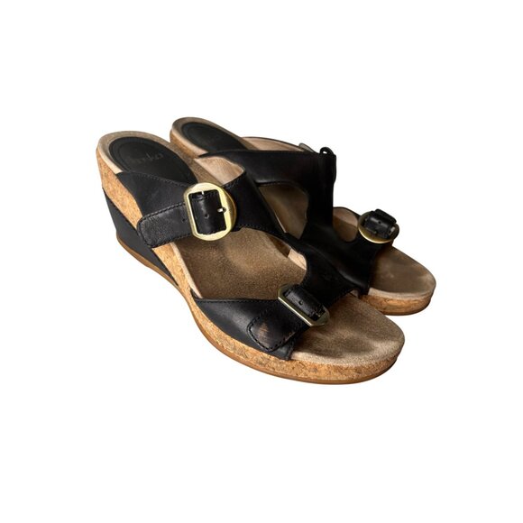 Dansko Carla Platform Wedge Sandals Black Sz 41 Peep Toe Buckle Strap Colorblock - Picture 1 of 11